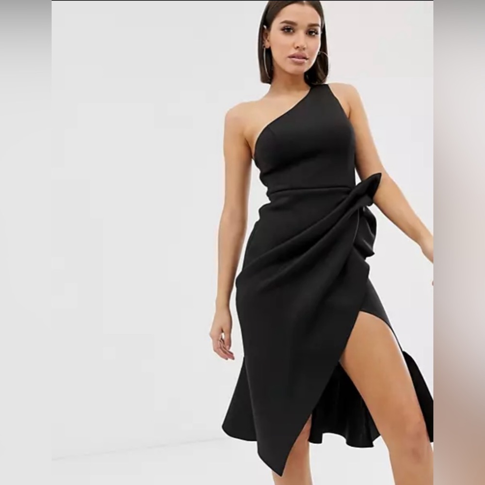 NWT ASOS DESIGN navy one shoulder tuck detail midi dress size 4